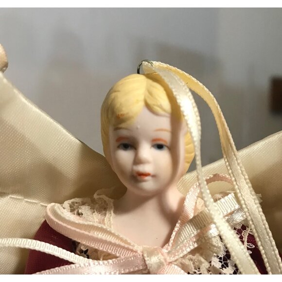 Angel Ornaments Set Of 3 With Deep Wine Lace Dresses & Satin Wings Ceramic Vtg - Picture 7 of 16